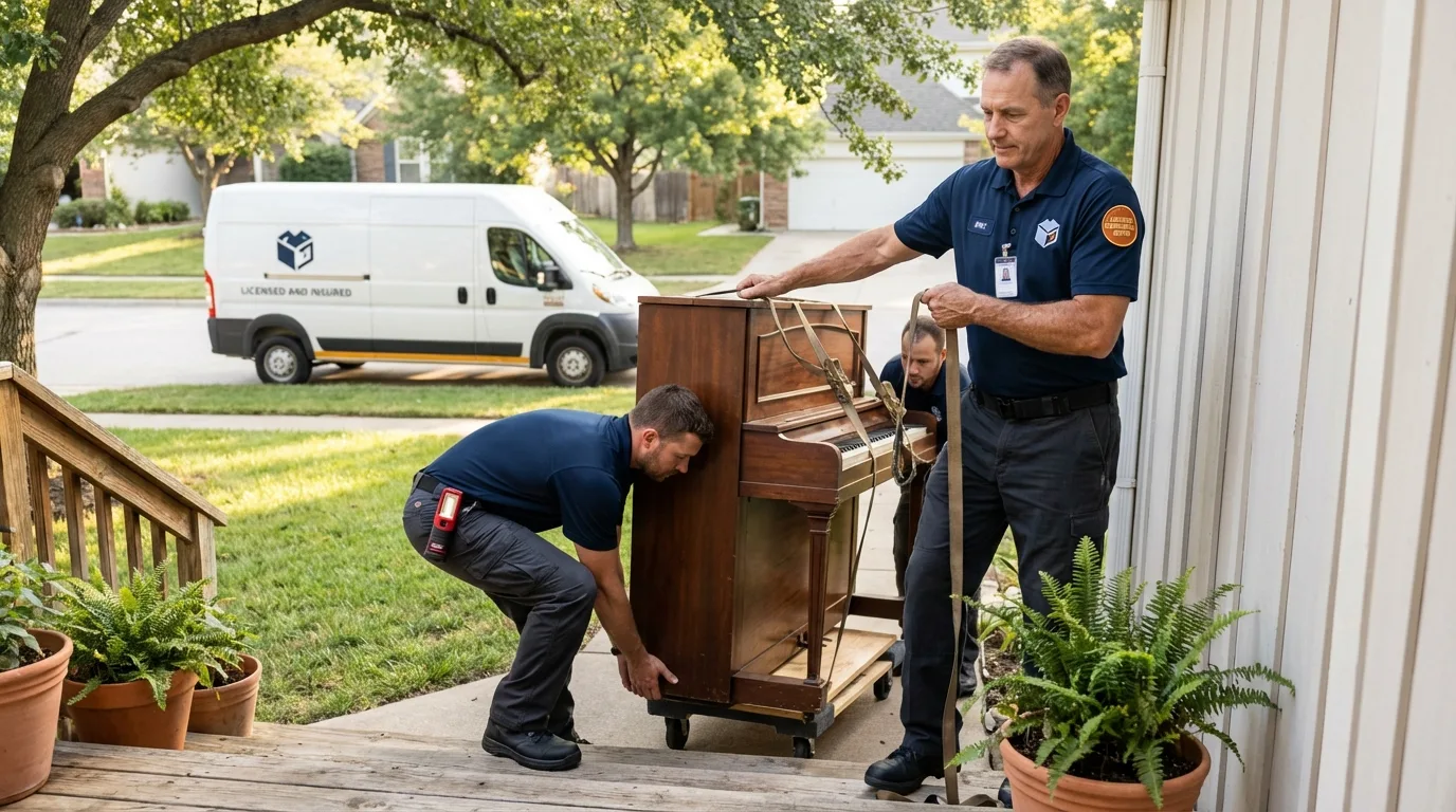 Licensed piano movers securing grand piano in Alexandria, IN