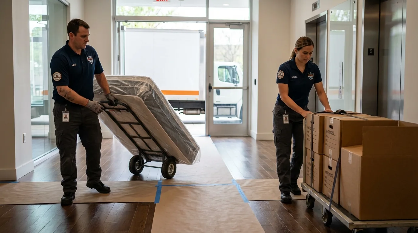 Professional apartment movers loading elevator in Alexandria, IN